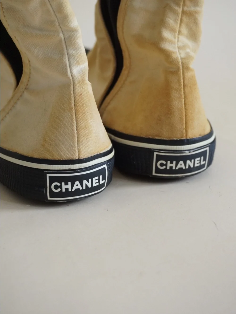 Vintage Chanel Ivory Cotton / Black Rubber Ankle Booties - Size 39 AS IS